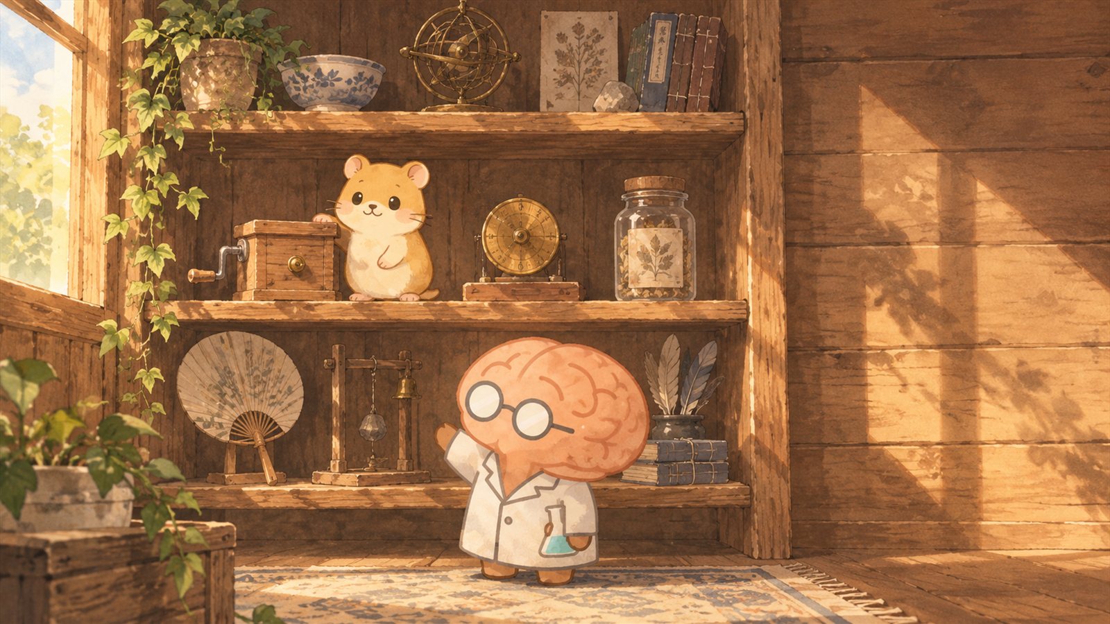 研究棟の木の棚。手回しの木箱、真鍮の目盛り盤、紙ラベルの硝子瓶などが等間隔に並び、棚の上のふみまるが得意げに手を置いている。床からミソマルが見上げている。