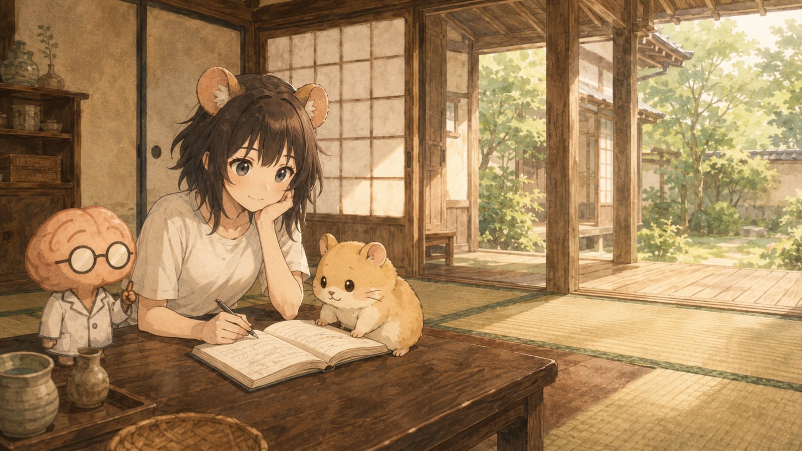 古民家の座敷。低い木の机に研究ノートを広げて書いているけいかと、机の上のふみまる、机の端に立つミソマル。奥の縁側から庭の緑が見えている。