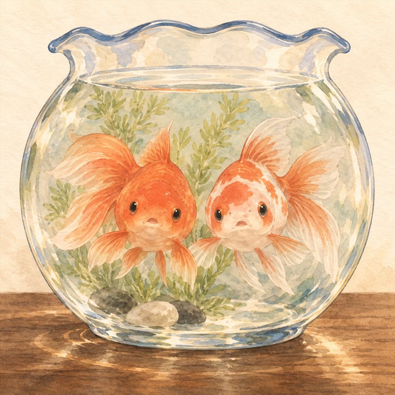 丸い金魚鉢の中で並んでこちらを向く2匹の金魚。赤い子と、赤白模様の子。