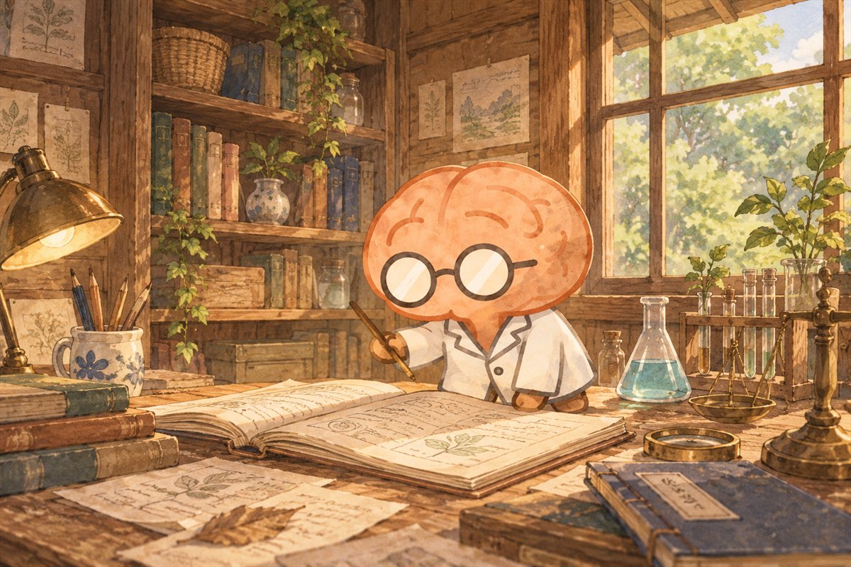 研究棟の机。開いたノートと散った手記、真鍮のランプ。ミソマルが鉛筆を持って記録している。